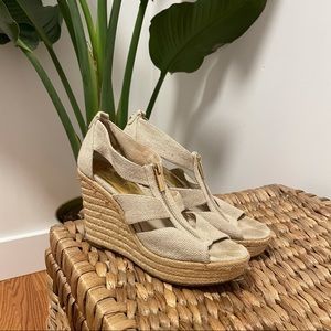 Michael Kors tan canvas zip wedges